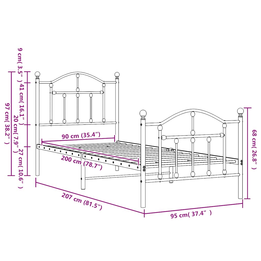 Metal Bed Frame without Mattress with Footboard White 90x200cm