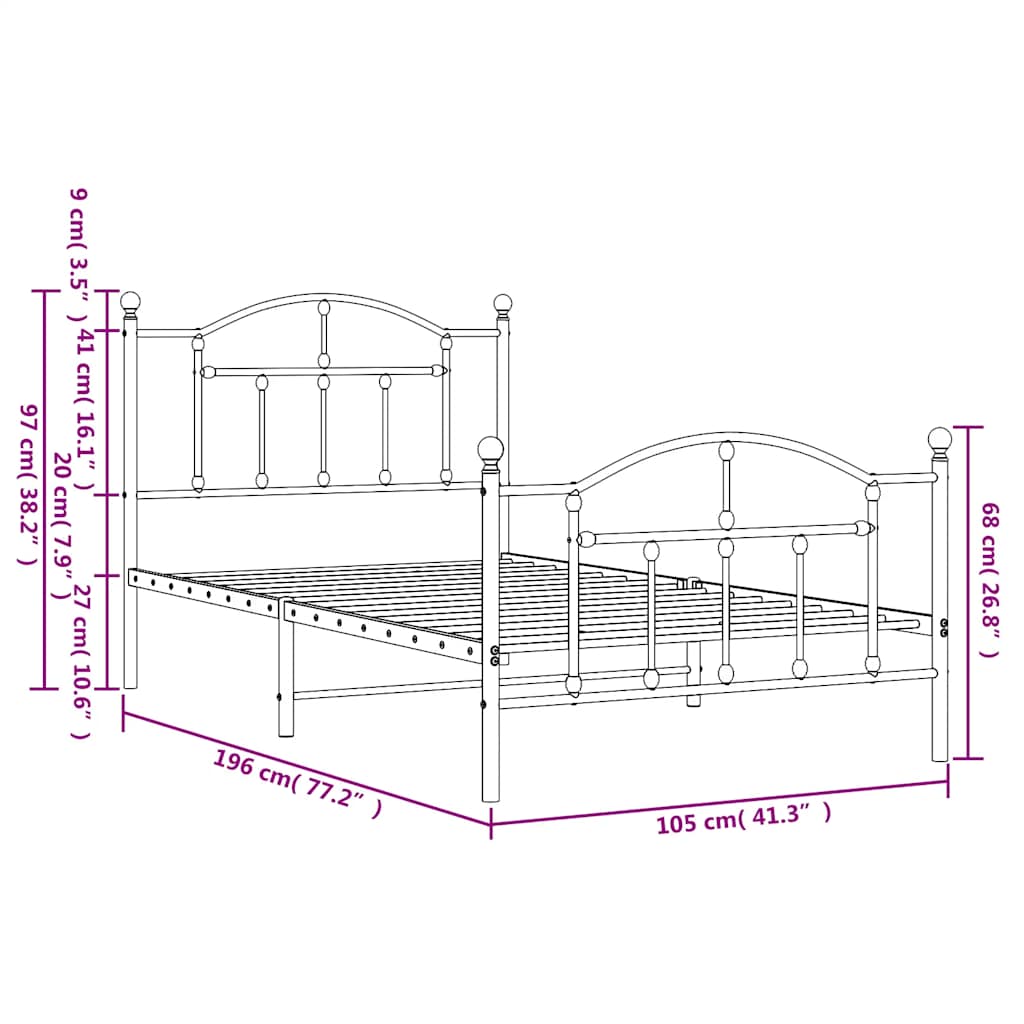 Metal Bed Frame without Mattress with Footboard White 100x190cm