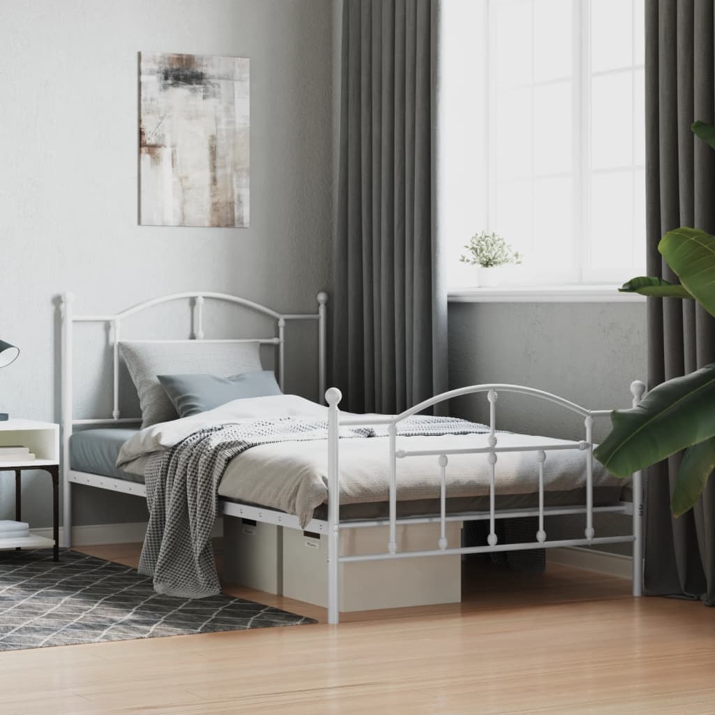 Metal Bed Frame without Mattress with Footboard White 107x203cm