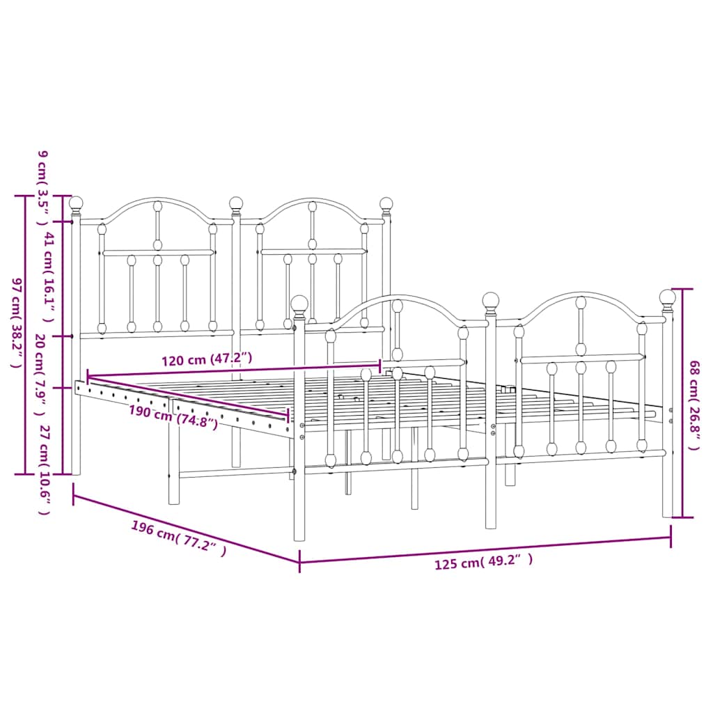 Metal Bed Frame without Mattress with Footboard White 120x190cm
