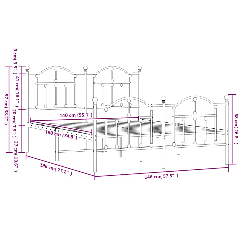 Metal Bed Frame without Mattress with Footboard White 140x190cm