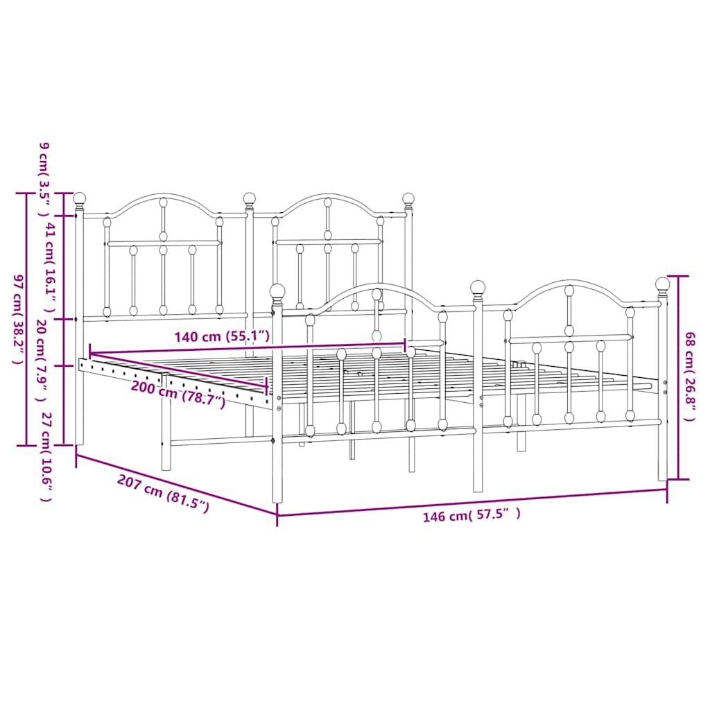 Metal Bed Frame without Mattress with Footboard White 140x200cm