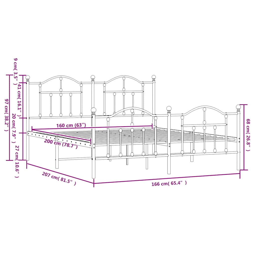 Metal Bed Frame without Mattress with Footboard White 160x200cm