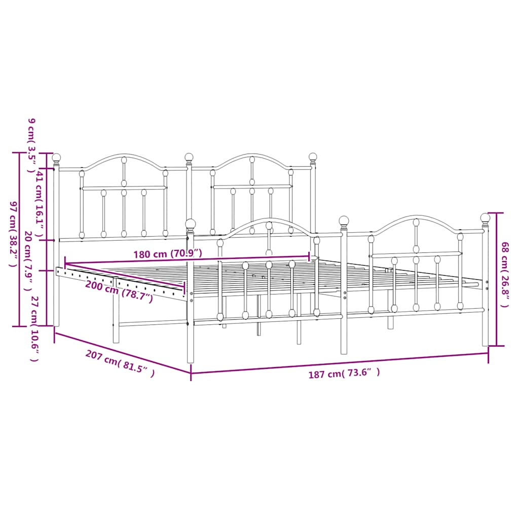 Metal Bed Frame without Mattress with Footboard White 180x200cm