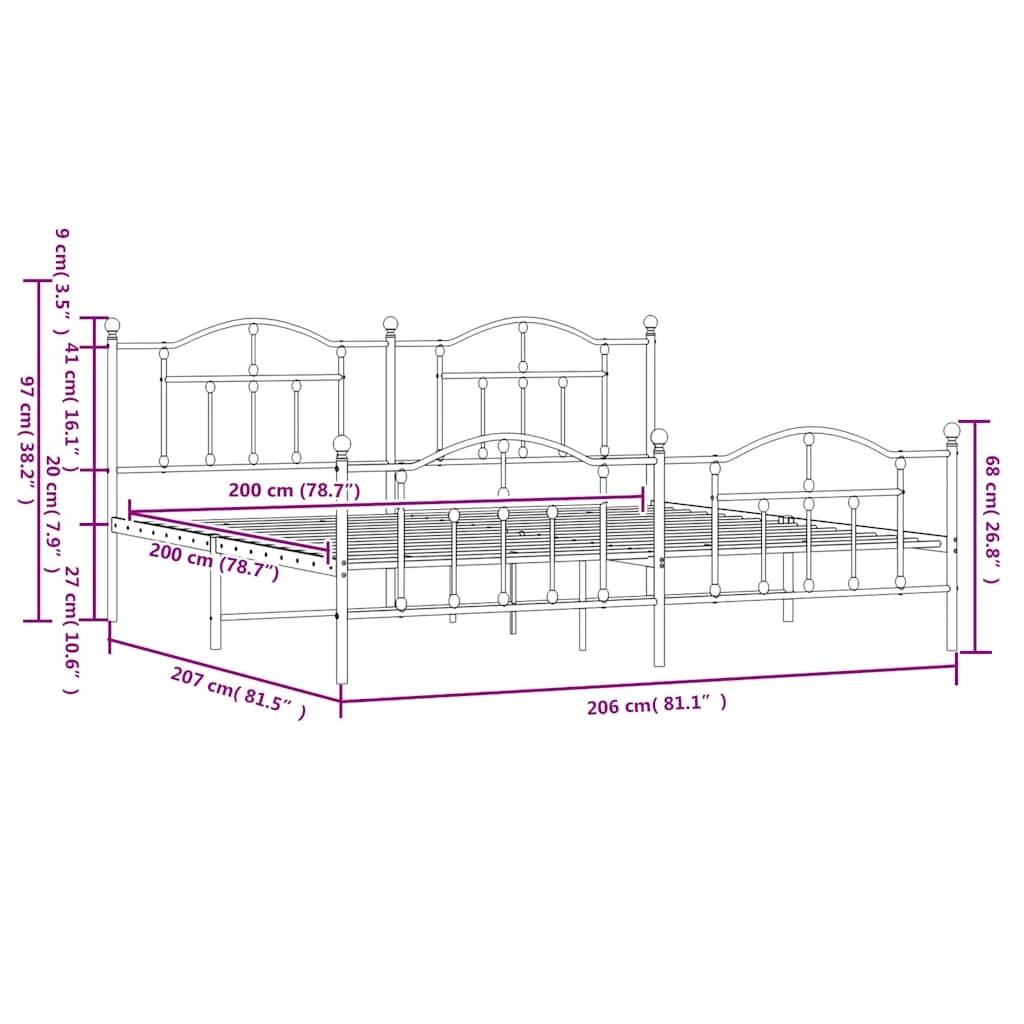 Metal Bed Frame without Mattress with Footboard White 200x200cm
