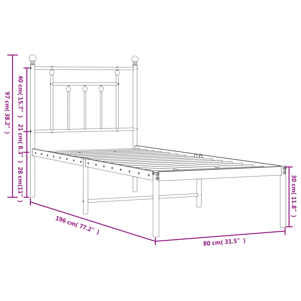 Metal Bed Frame without Mattress with Headboard Black 75x190cm