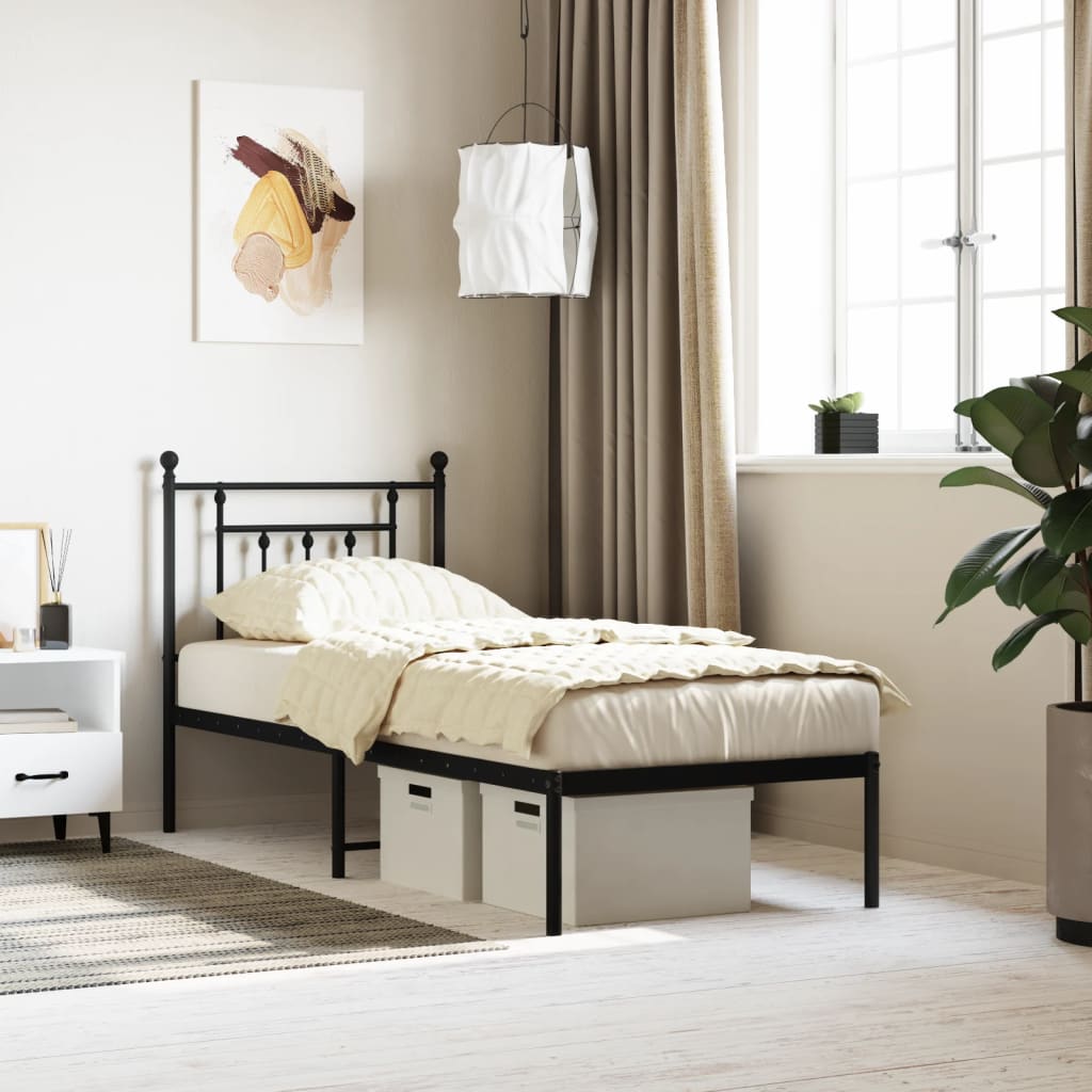 Metal Bed Frame without Mattress with Headboard Black 75x190cm