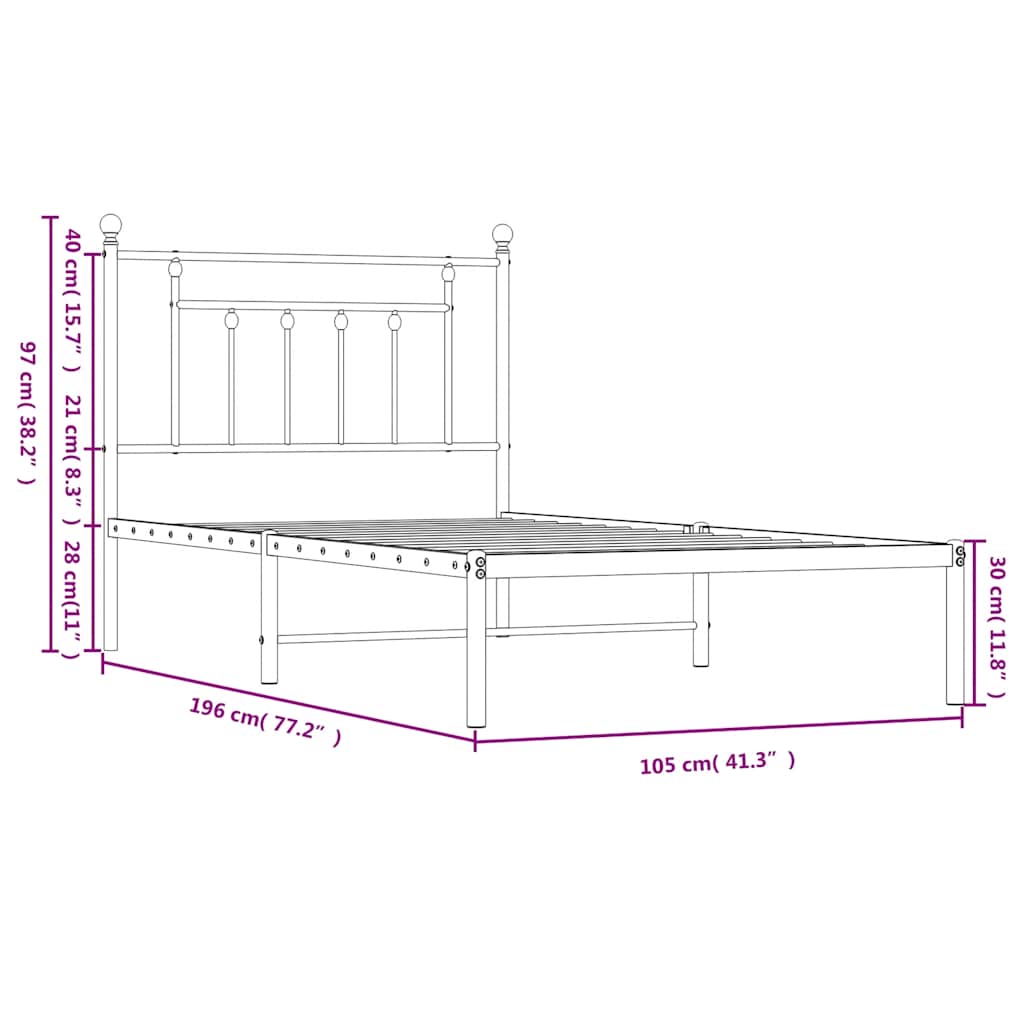 Metal Bed Frame without Mattress with Headboard Black 100x190cm