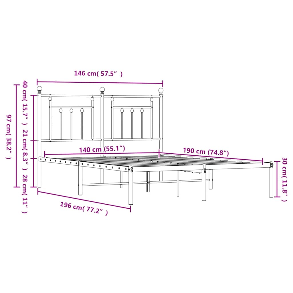 Metal Bed Frame without Mattress with Headboard Black 140x190cm