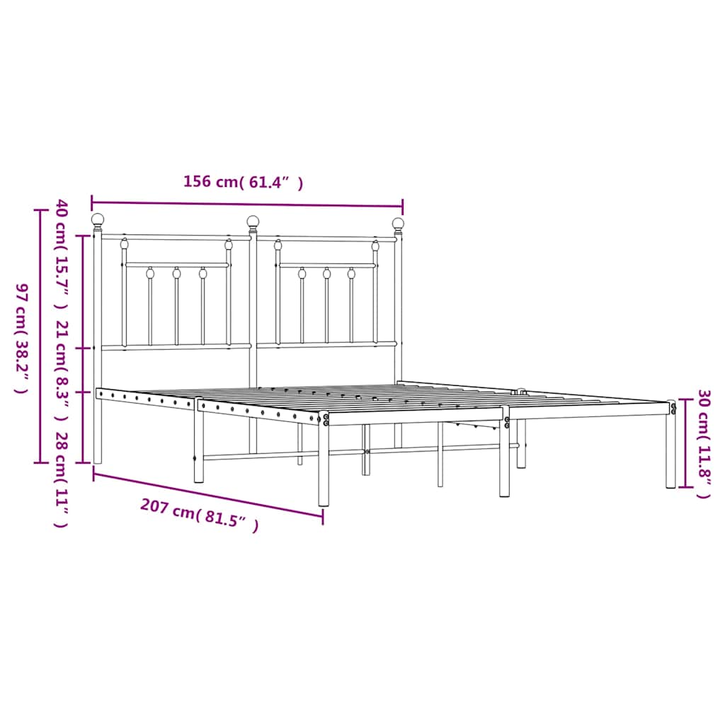 Metal Bed Frame without Mattress with Headboard Black 150x200cm
