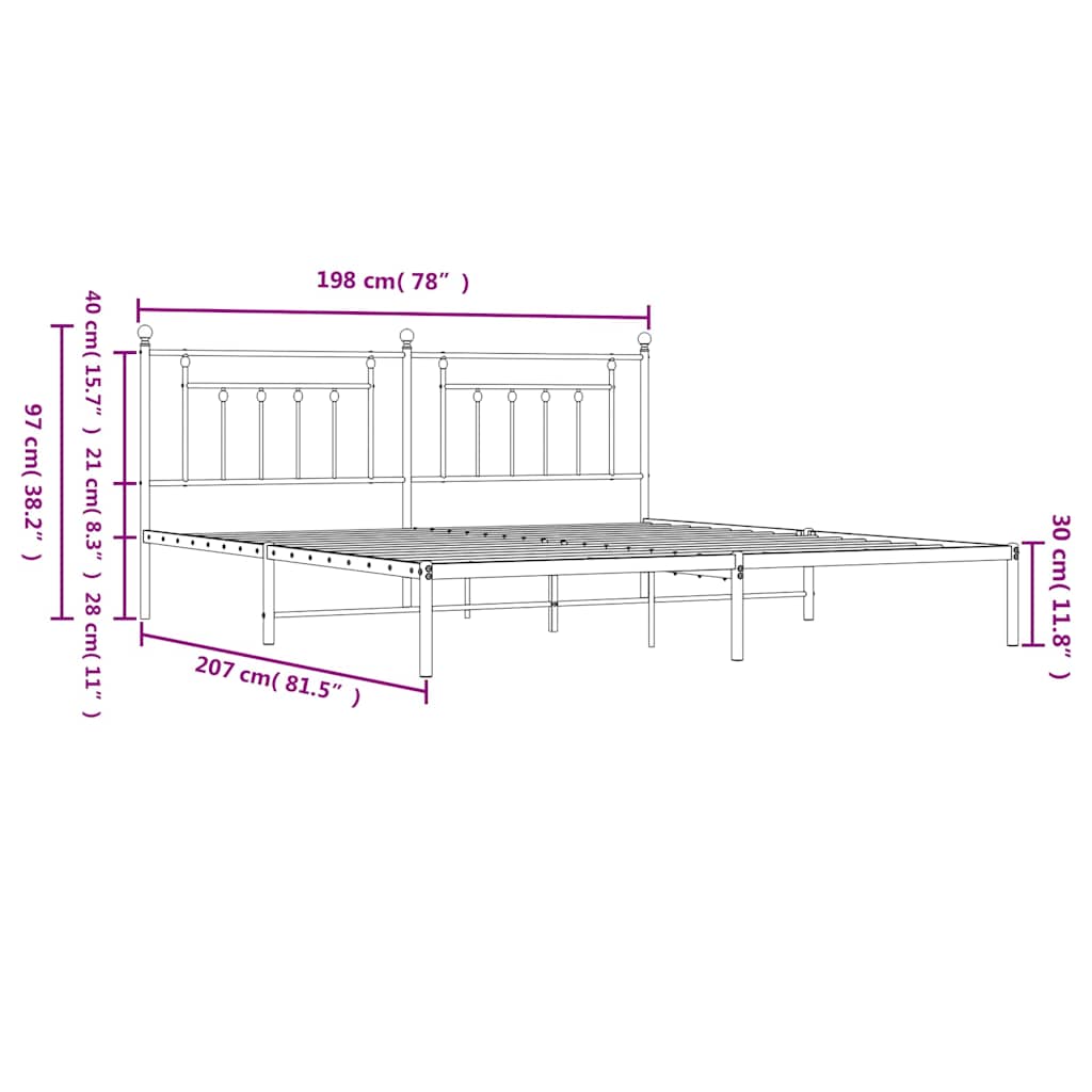 Metal Bed Frame without Mattress with Headboard Black 193x203cm