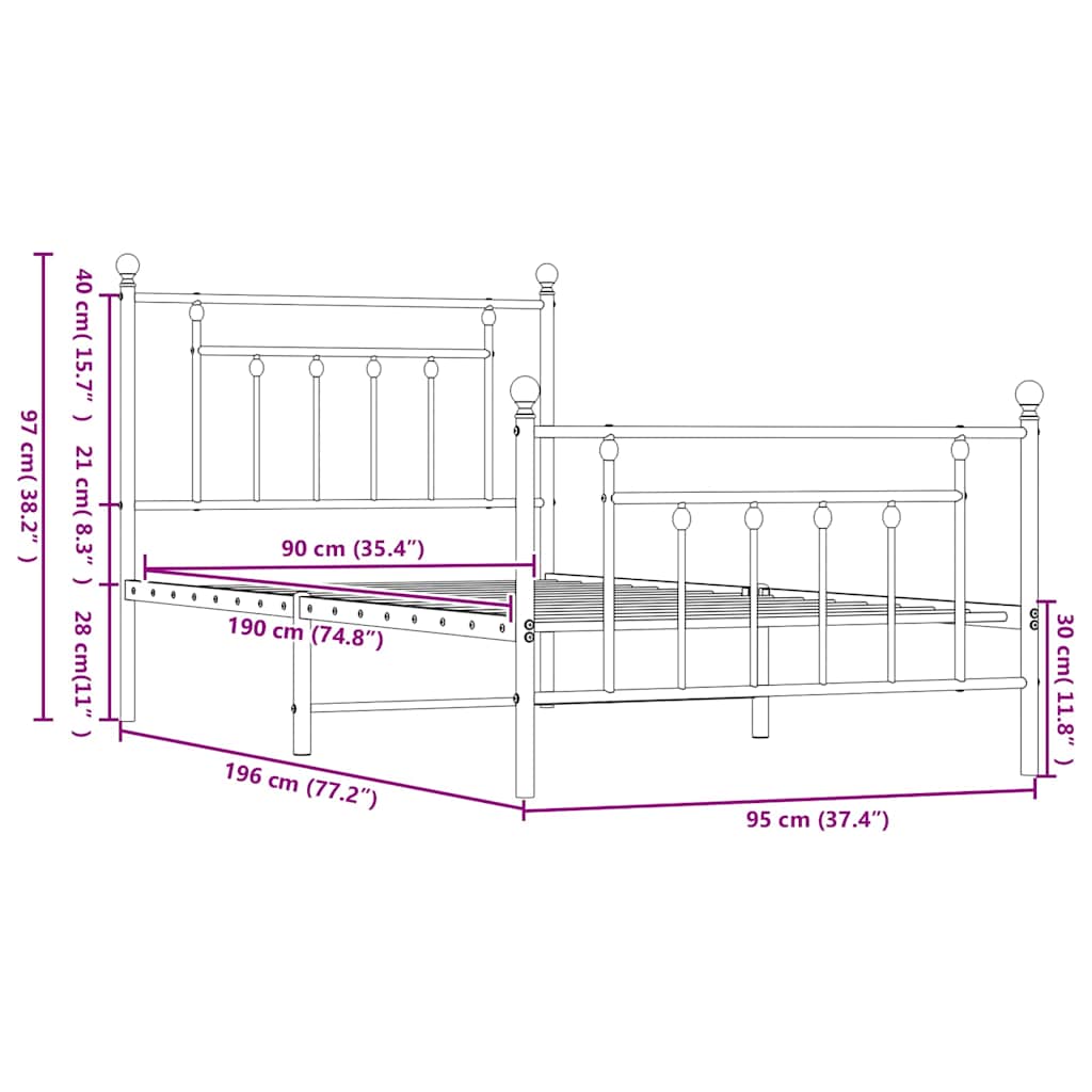 Metal Bed Frame without Mattress with Footboard Black 90x190cm
