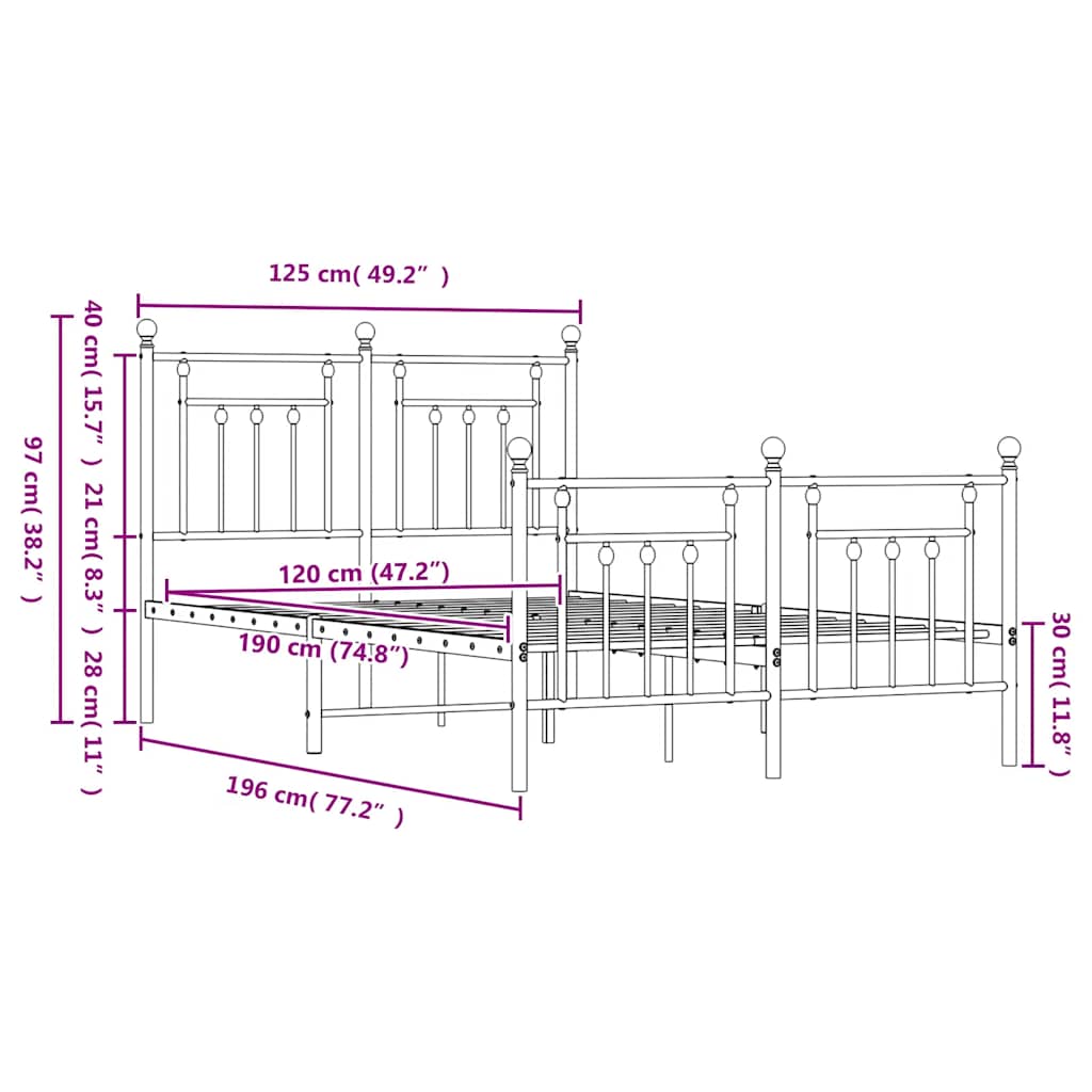 Metal Bed Frame without Mattress with Footboard Black 120x190cm