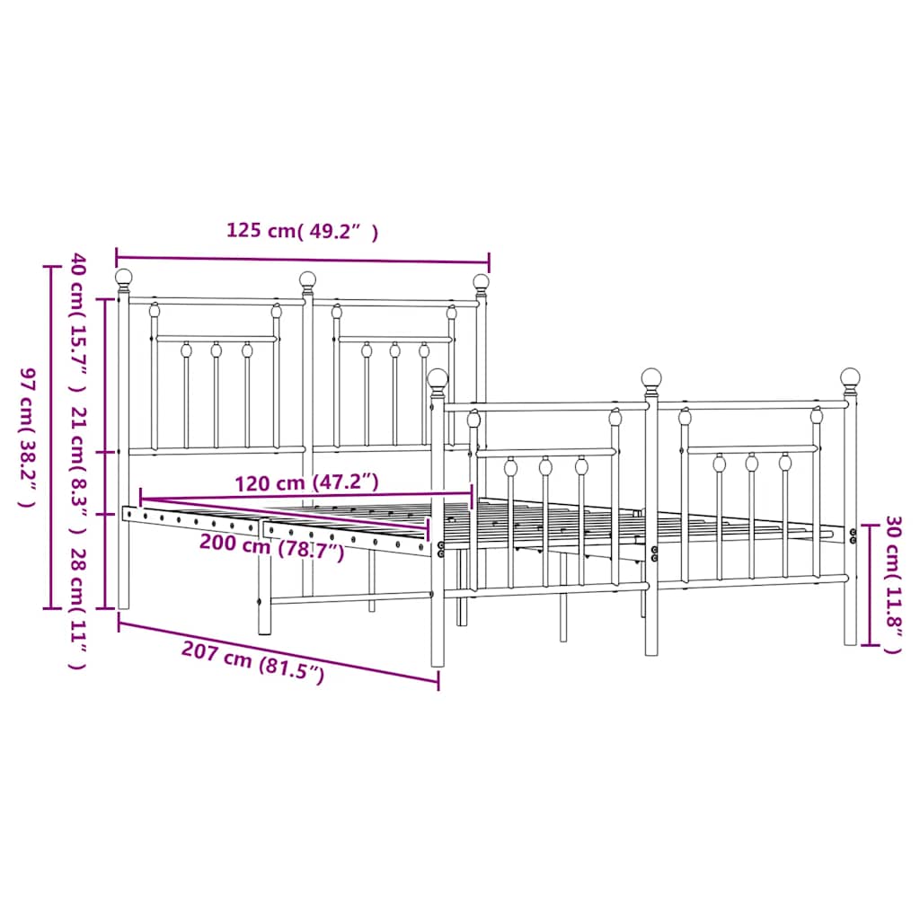 Metal Bed Frame without Mattress with Footboard Black 120x200cm