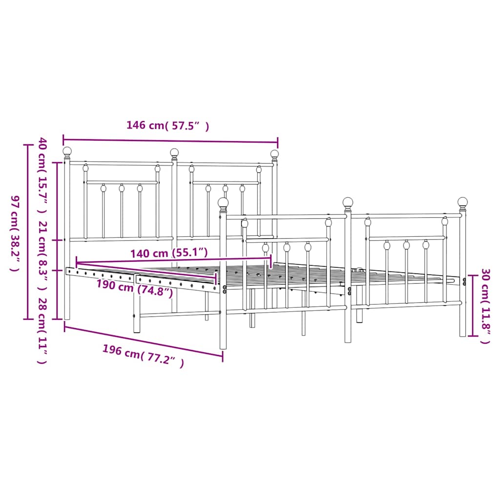 Metal Bed Frame without Mattress with Footboard Black 140x190cm