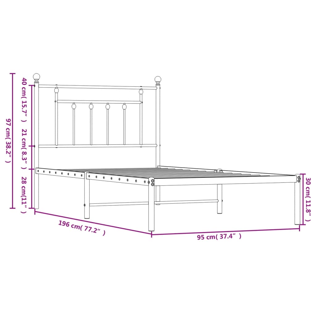 Metal Bed Frame without Mattress with Headboard White 90x190cm