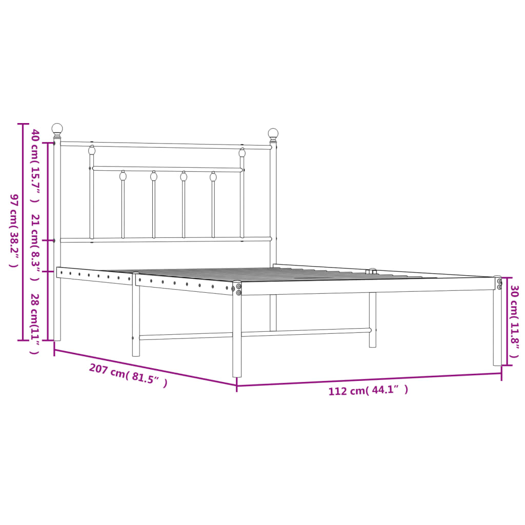 Metal Bed Frame without Mattress with Headboard White 107x203cm