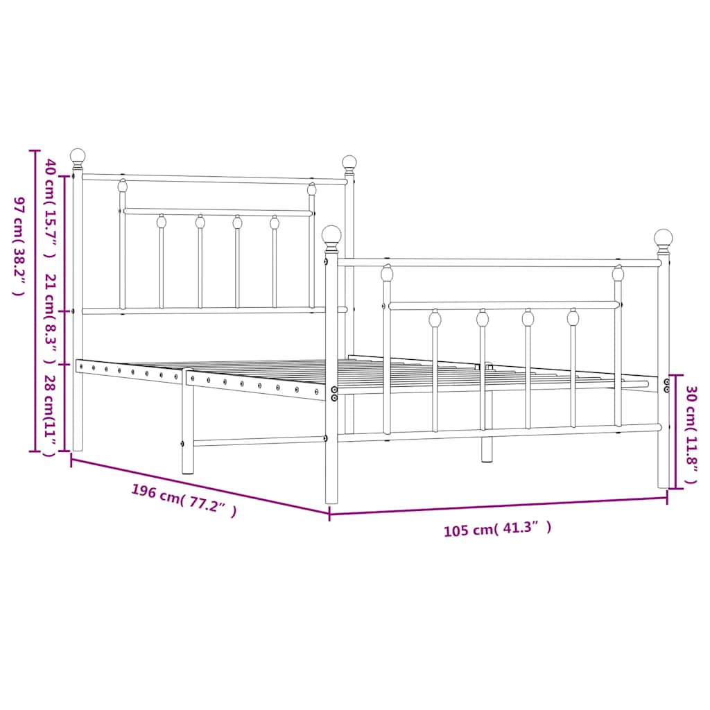 Metal Bed Frame without Mattress with Footboard White 100x190cm