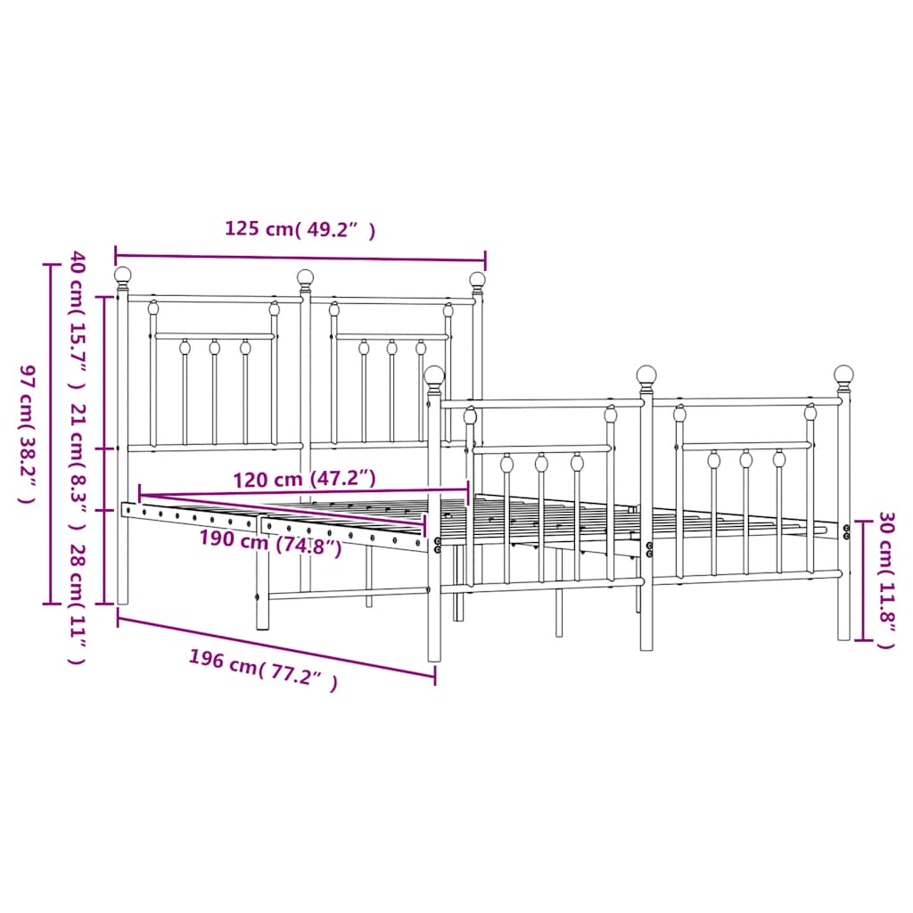Metal Bed Frame without Mattress with Footboard White 120x190cm