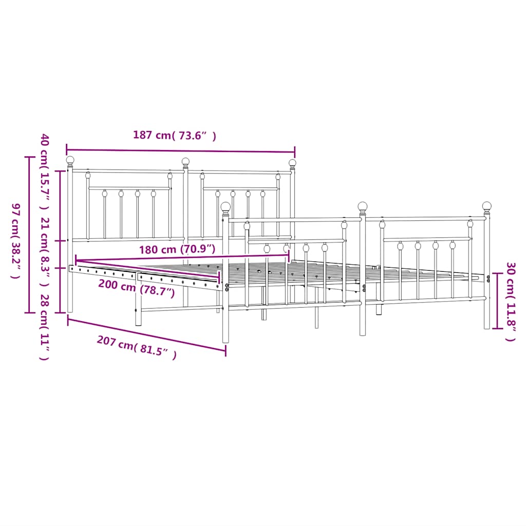 Metal Bed Frame without Mattress with Footboard White 180x200cm