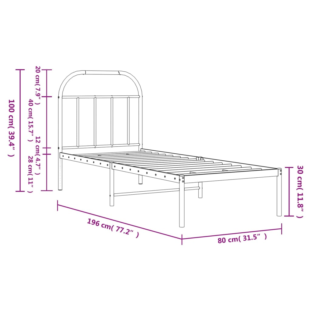 Metal Bed Frame without Mattress with Headboard Black 75x190cm