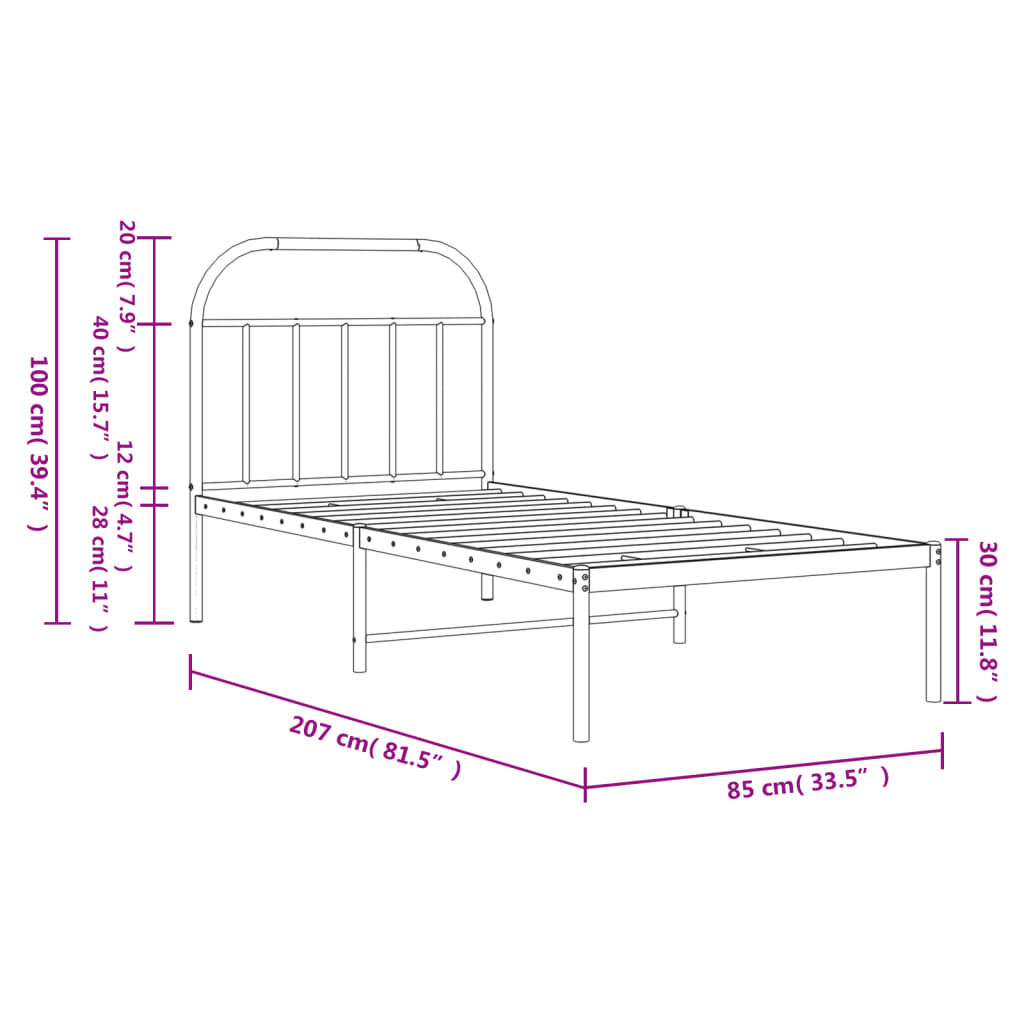 Metal Bed Frame without Mattress with Headboard Black 80x200cm
