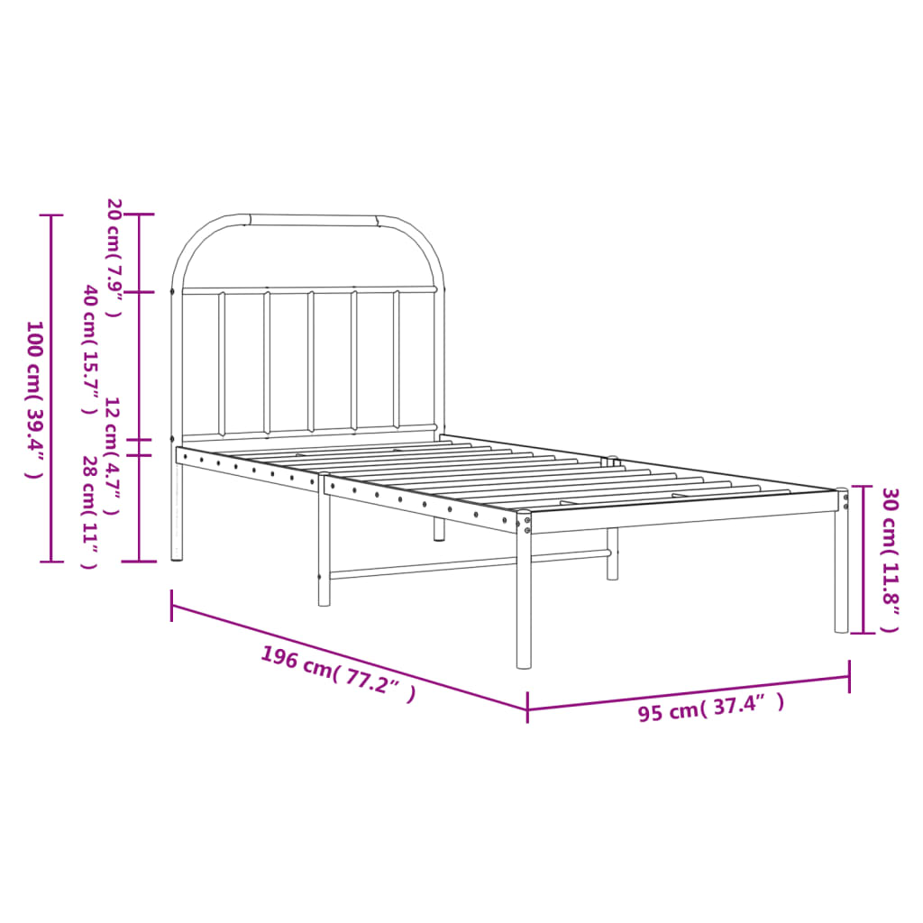 Metal Bed Frame without Mattress with Headboard Black 90x190cm