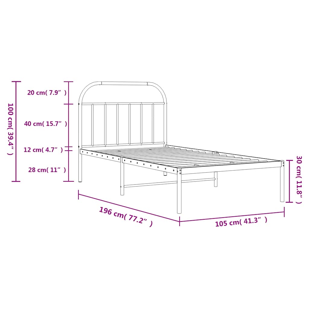 Metal Bed Frame without Mattress with Headboard Black 100x190cm