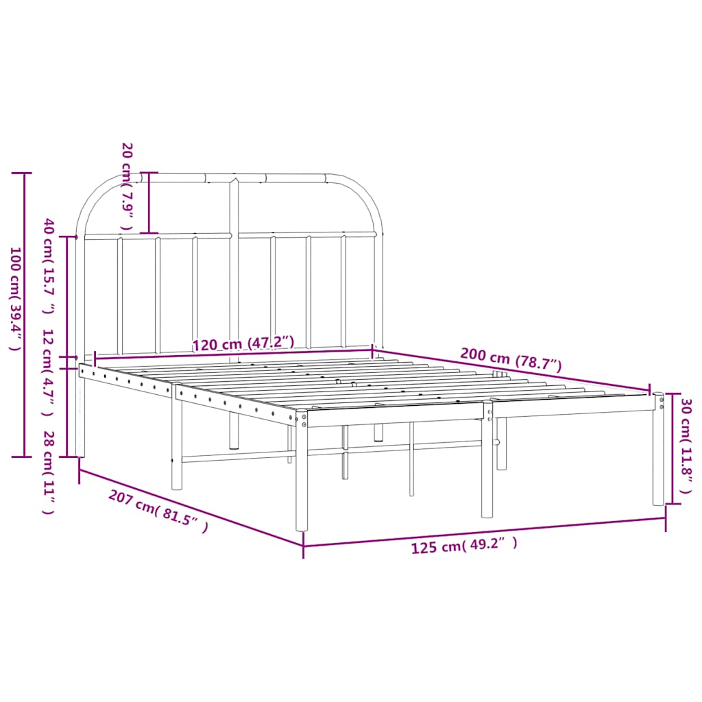 Metal Bed Frame without Mattress with Headboard Black 120x200cm