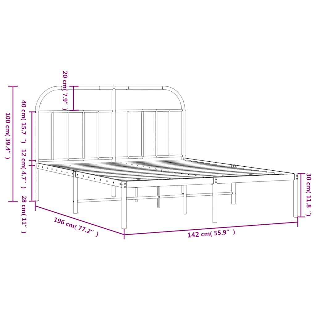 Metal Bed Frame without Mattress with Headboard Black 135x190cm