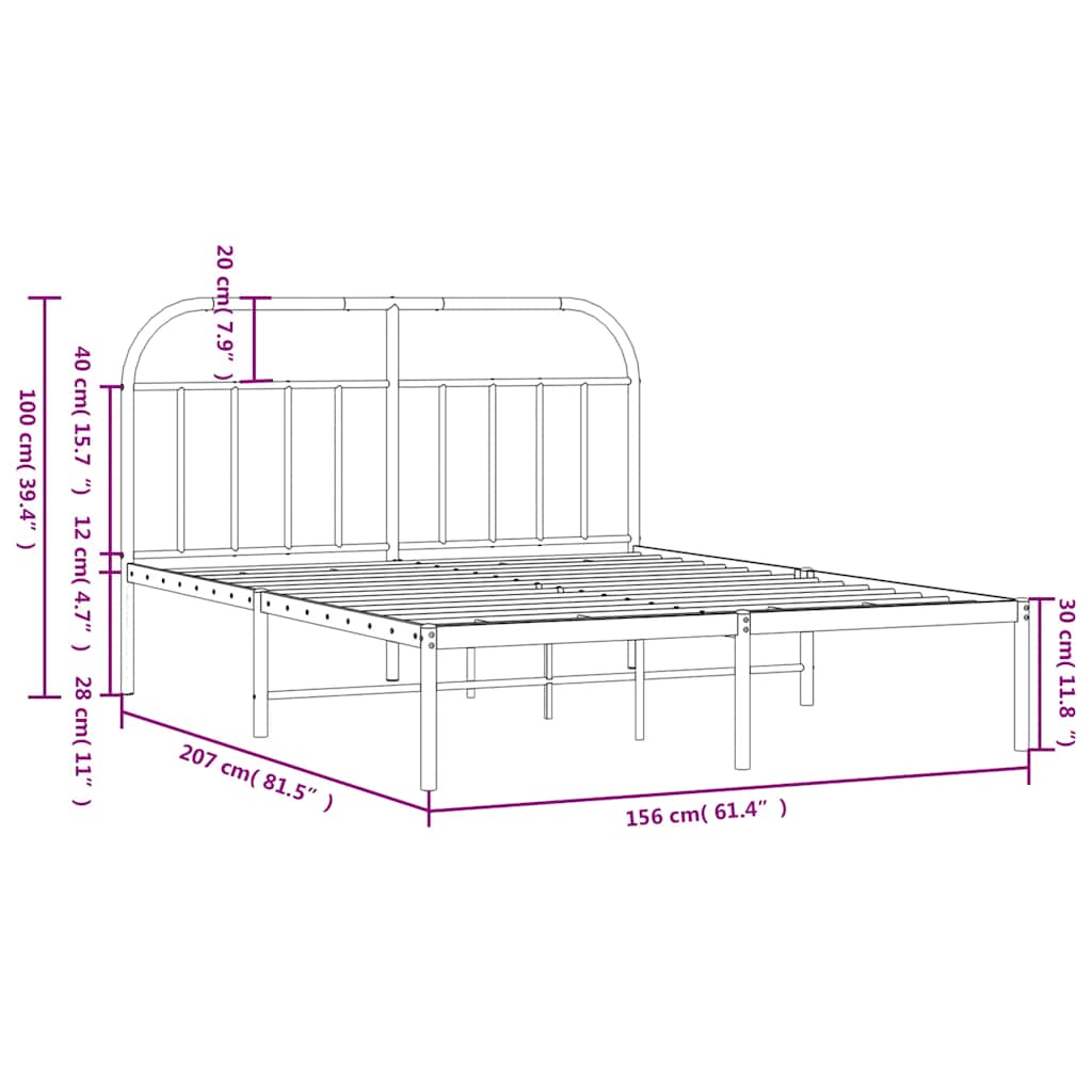Metal Bed Frame without Mattress with Headboard Black 150x200cm