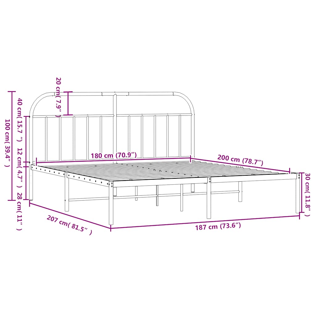 Metal Bed Frame without Mattress with Headboard Black 180x200cm