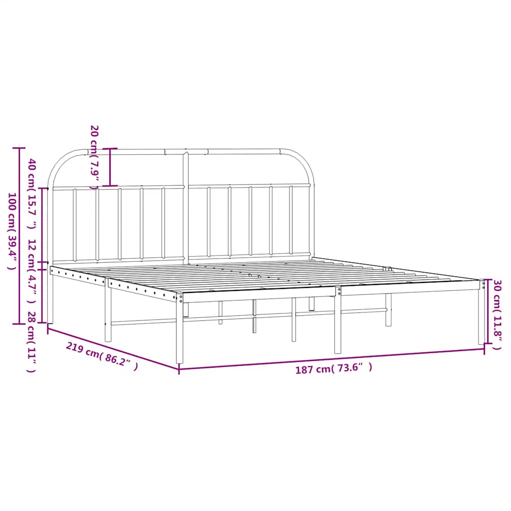 Metal Bed Frame without Mattress with Headboard Black 183x213cm