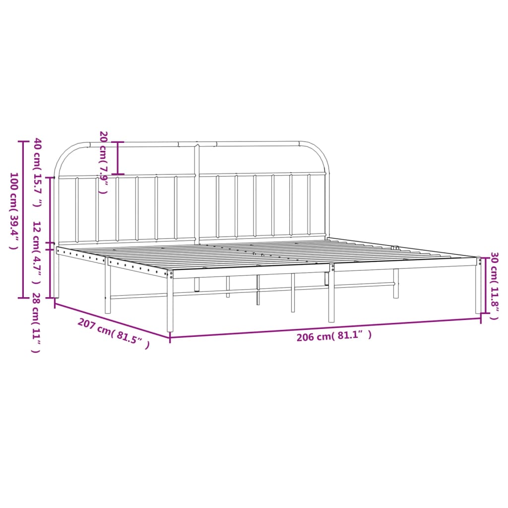 Metal Bed Frame without Mattress with Headboard Black 200x200cm