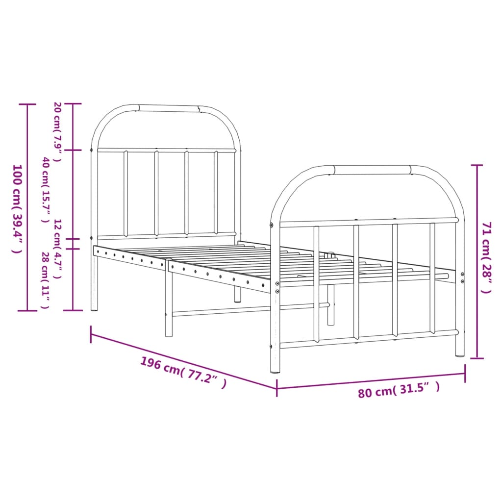 Metal Bed Frame without Mattress with Footboard Black 75x190cm