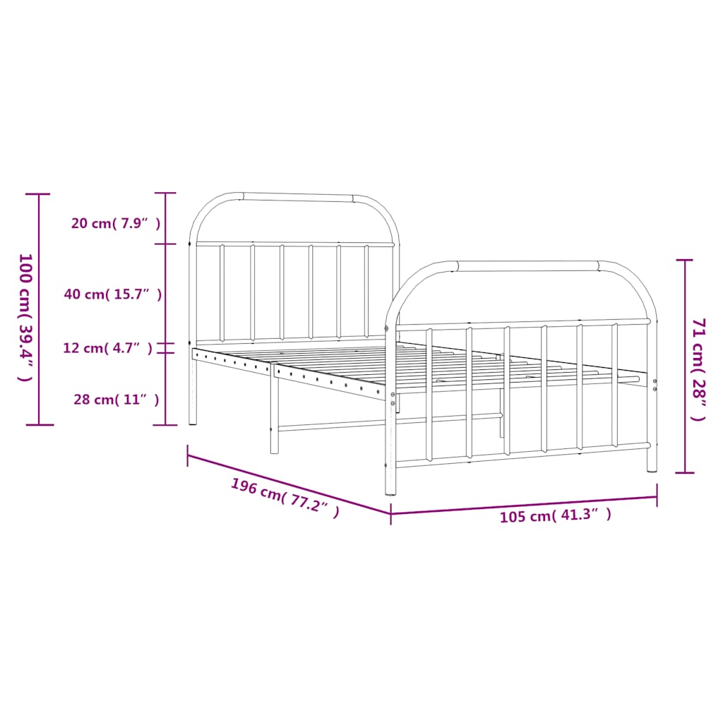 Metal Bed Frame without Mattress with Footboard Black 100x190cm