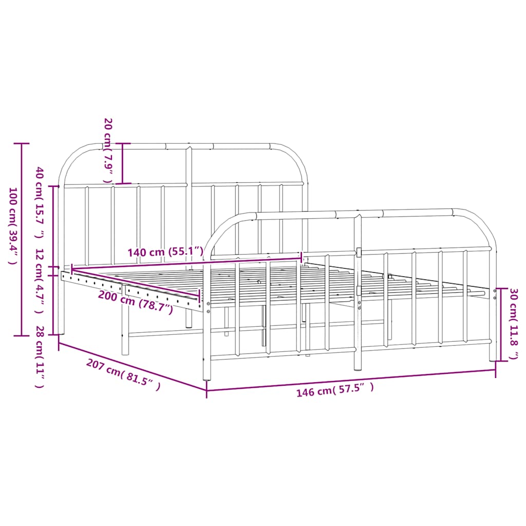 Metal Bed Frame without Mattress with Footboard Black 140x200cm