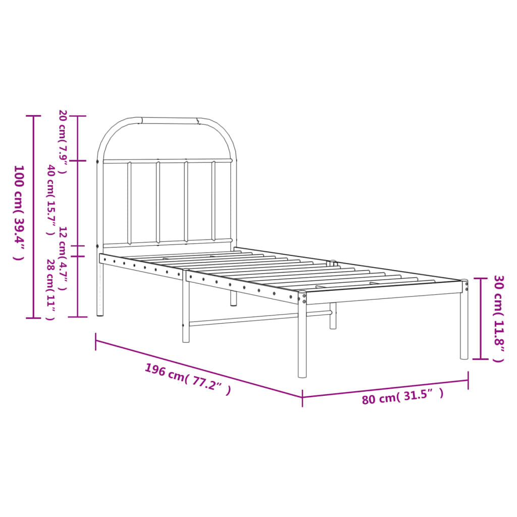 Metal Bed Frame without Mattress with Headboard White 75x190cm