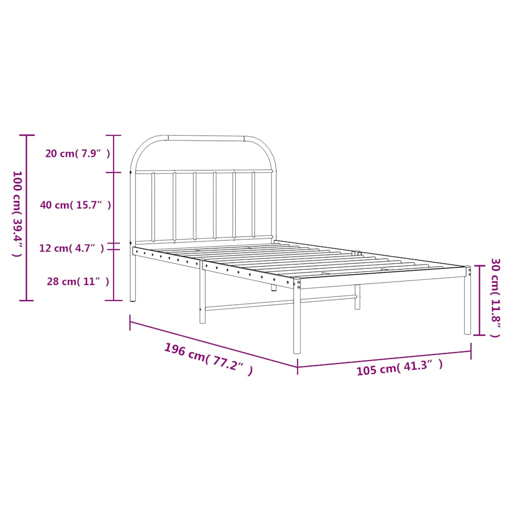 Metal Bed Frame without Mattress with Headboard White 100x190cm