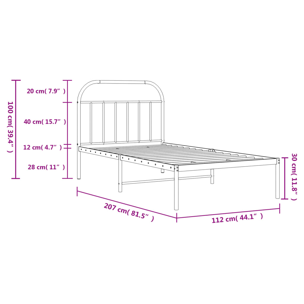Metal Bed Frame without Mattress with Headboard White 107x203cm
