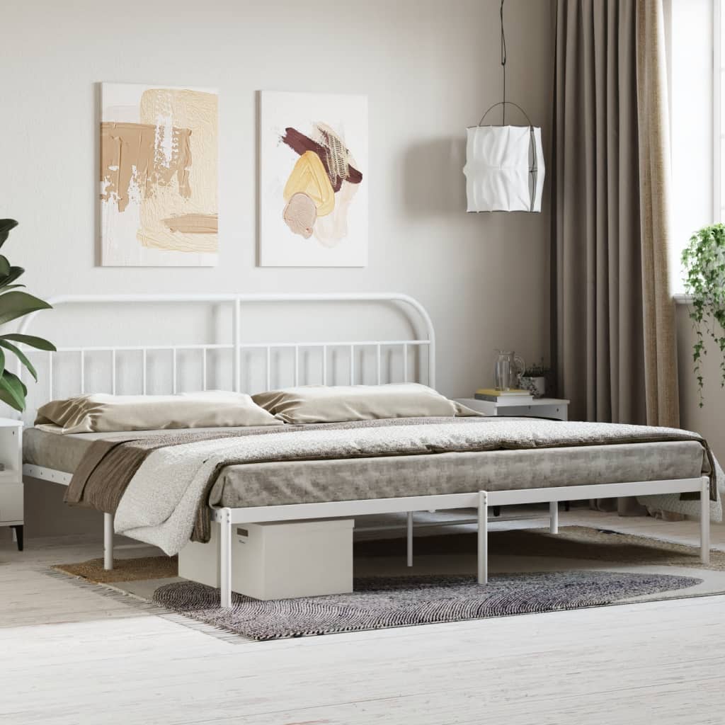 Metal Bed Frame without Mattress with Headboard White 200x200cm