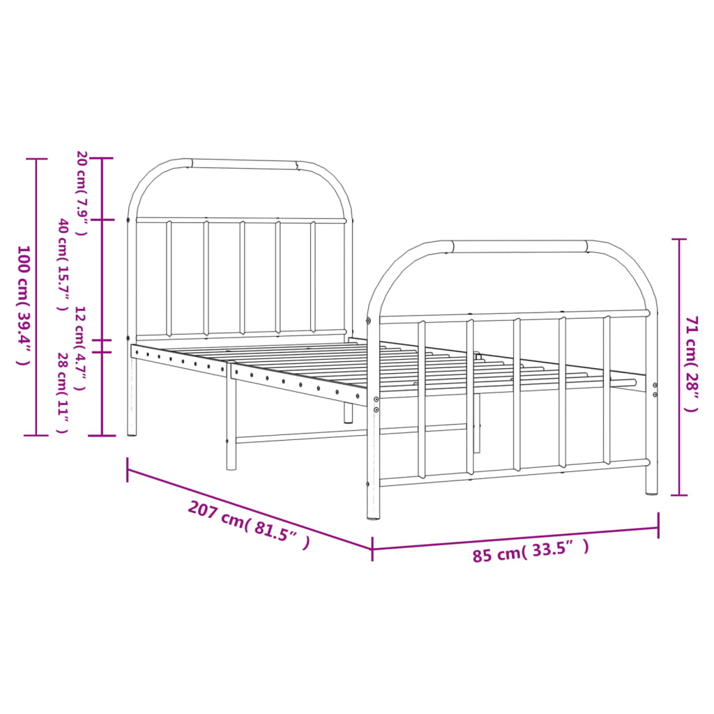 Metal Bed Frame without Mattress with Footboard White 80x200cm
