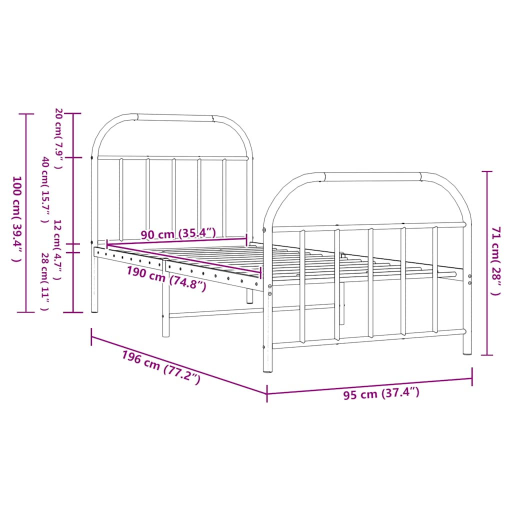 Metal Bed Frame without Mattress with Footboard White 90x190cm
