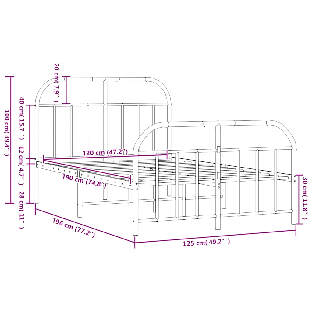 Metal Bed Frame without Mattress with Footboard White 120x190cm