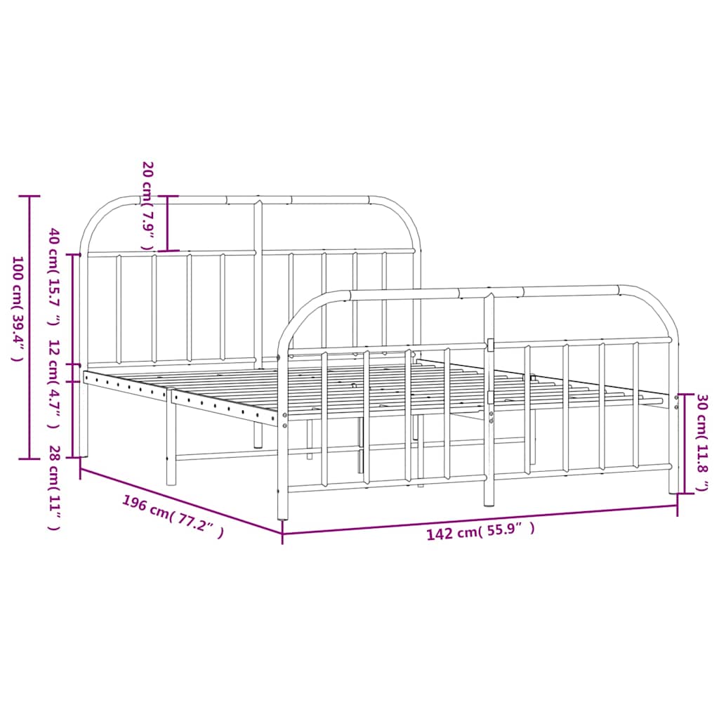 Metal Bed Frame without Mattress with Footboard White 135x190cm
