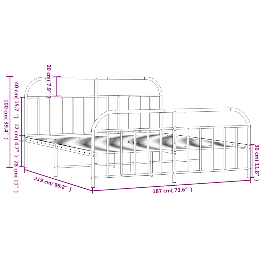 Metal Bed Frame without Mattress with Footboard White 183x213cm