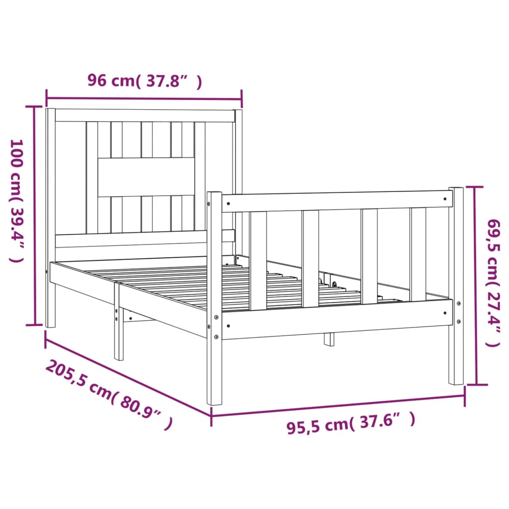 Bed Frame without Mattress White Solid Wood Pine 90x200 cm