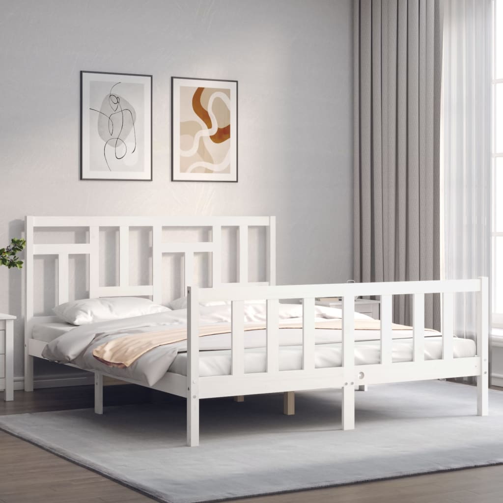 Bed Frame without Mattress White King Size Solid Wood Pine