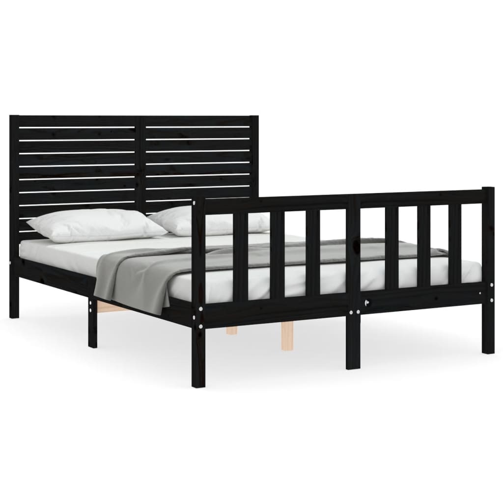Bed Frame without Mattress Black Double Solid Wood Pine