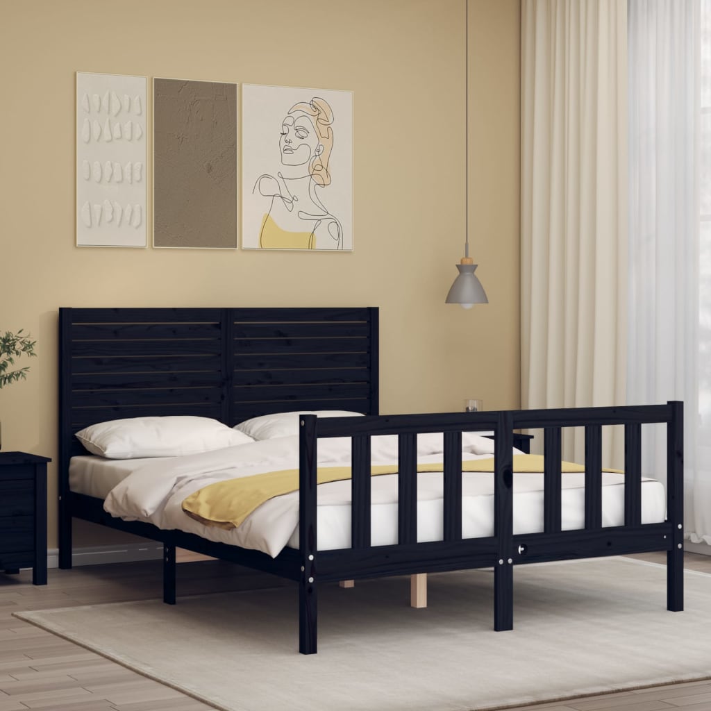 Bed Frame without Mattress Black Double Solid Wood Pine